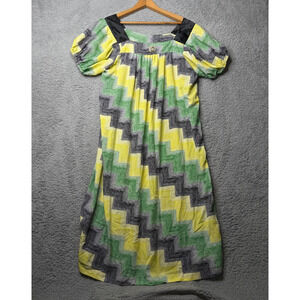 Vintage Muumuu Dress Women's XL Green and Yellow Zig Zag Short Sleeve Maxi
